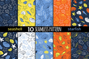 10 seamless patterns with seashells