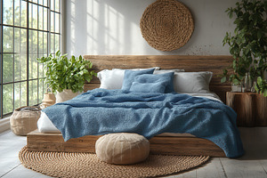Cozy bedroom with wooden bed, blue b, a Photo by Tanuart