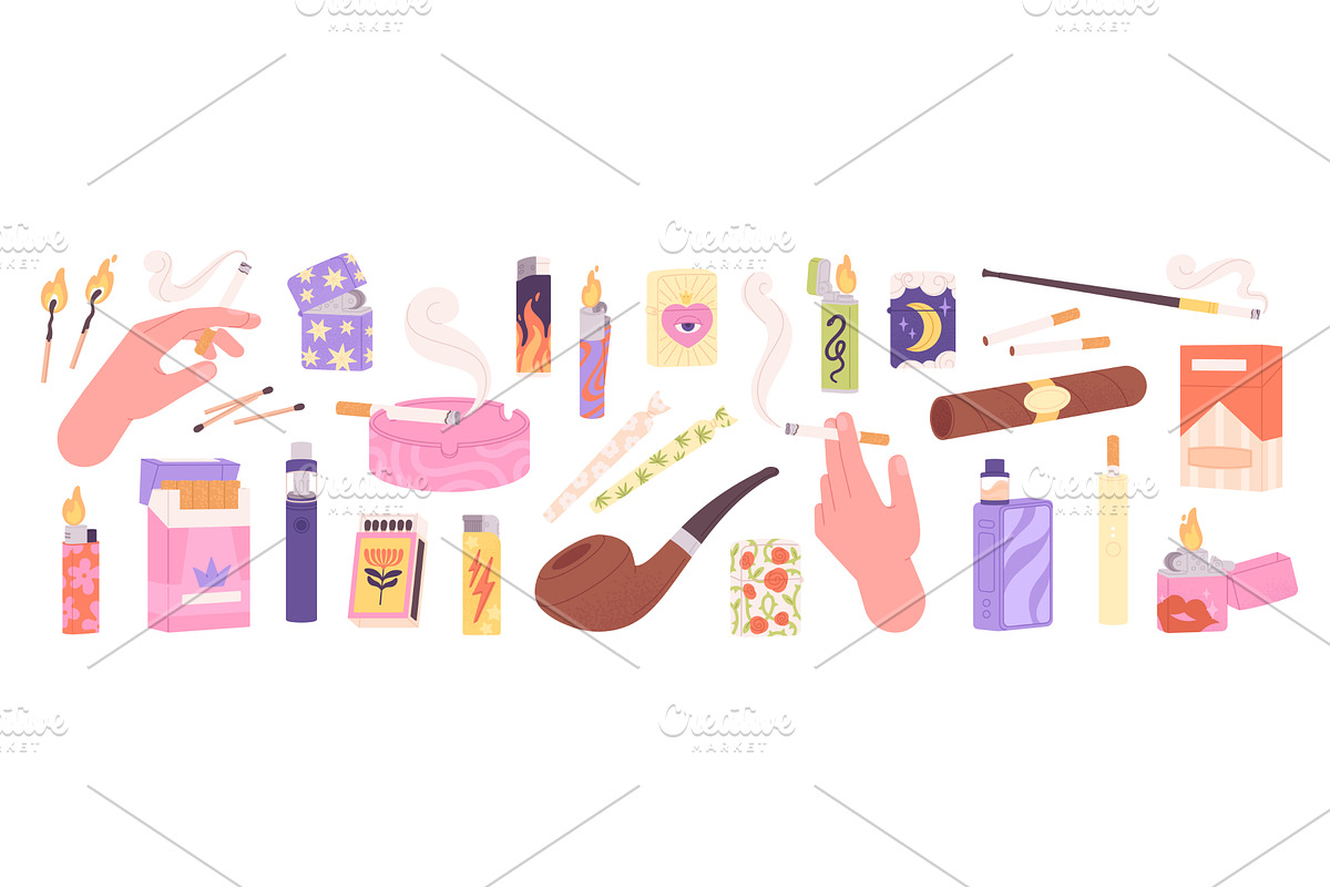 Cigarette and lighters elements, an Illustration by LadadikArt