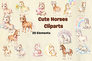watercolor Cute Horses cliparts, an Animal Illustration by BerryPieArt (Thumbnail 1 of 4)
