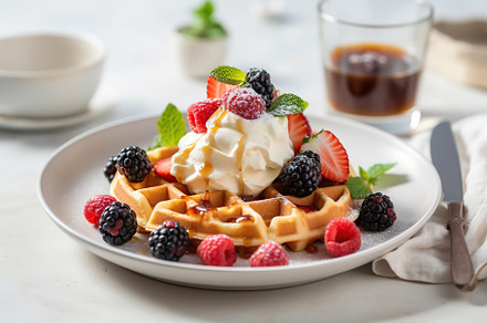 Illustrative of waffles, berries and ice cream on wooden table. Generative AI, a Food & Drink Photo by AlyaAnd