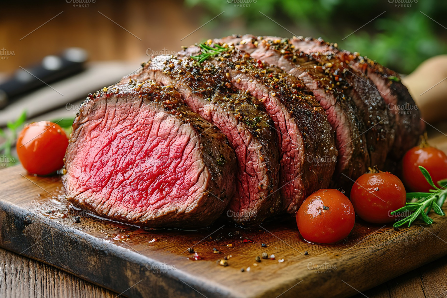 Rich meat dish garnished with fresh herbs and tomatoes on a wooden cutting boar, a Food & Drink Photo by AlyaAnd