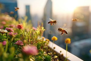 Bees pollinating flowers on a rooftop garden during sunset in a cityscape envir, a Photo by AlyaAnd