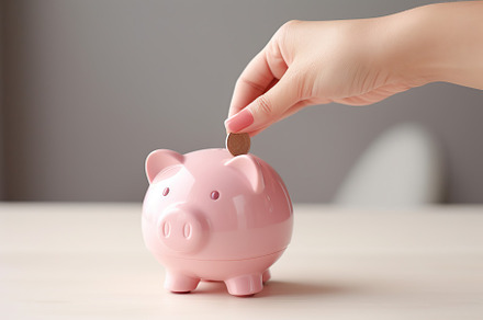 Female hand putting coin into piggybank on wooden background, a Business Photo by AlyaAnd