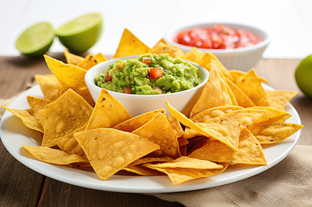 Nachos chips with guacamole and salsa in plate, a Food & Drink Photo by AlyaAnd
