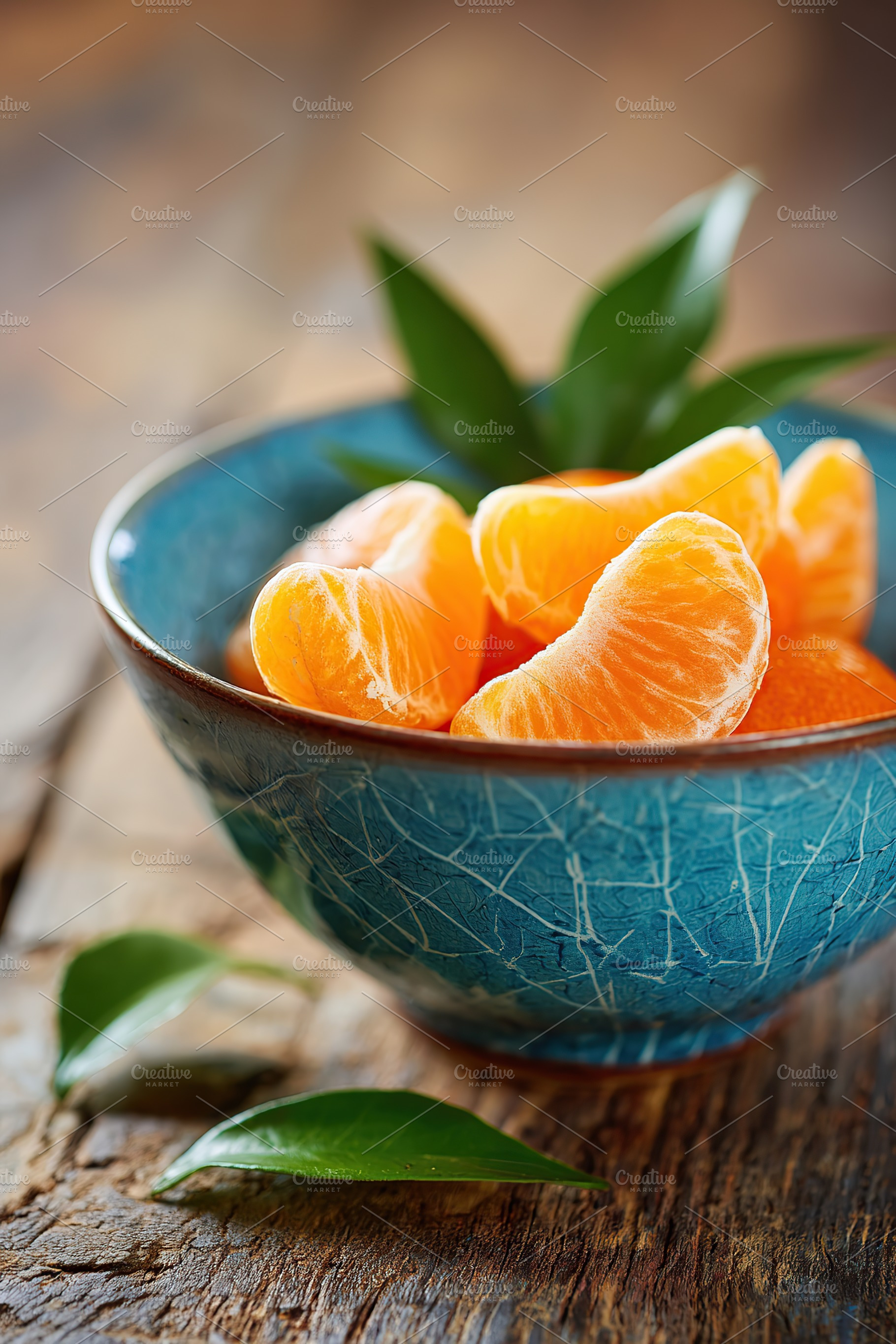 Fresh mandarin wedges in a bowl with green leaves on a rustic wooden table, a Food & Drink Photo by AlyaAnd