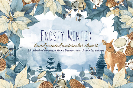 Frosty winter watercolor set, an Illustration by PS_patterns
