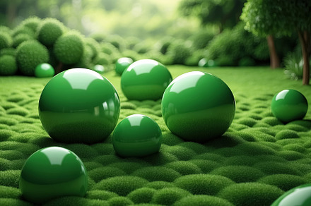 Green balls on green background, earth day concept. Generative A, an Abstract Photo by Ales Munt