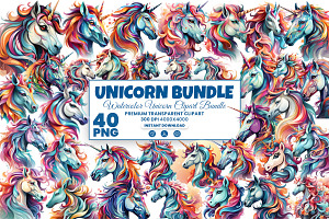 40 Watercolor Cute Unicorn Clipart, an Animal Illustration by Creative Arslan