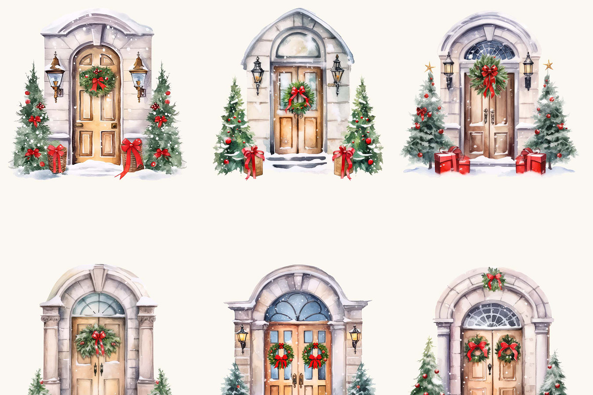 Watercolor Christmas Door Clipart, an Object Illustration by BusyDaydesign (Photo 2 of 7)