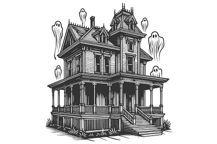 Haunted House with Ghost engraving, an Object Illustration by AlexArt