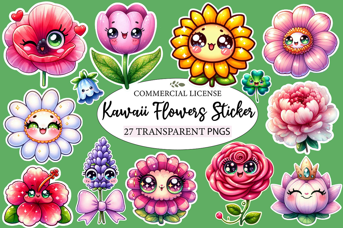 Kawaii Flowers Clipart Bundle, an Illustration by Designworld (Photo 1 of 7)