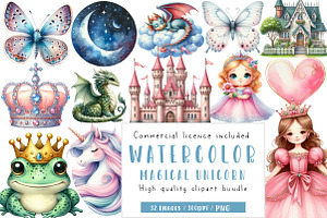 Cute Magical Unicorn Clipart, an Illustration by CreationArt