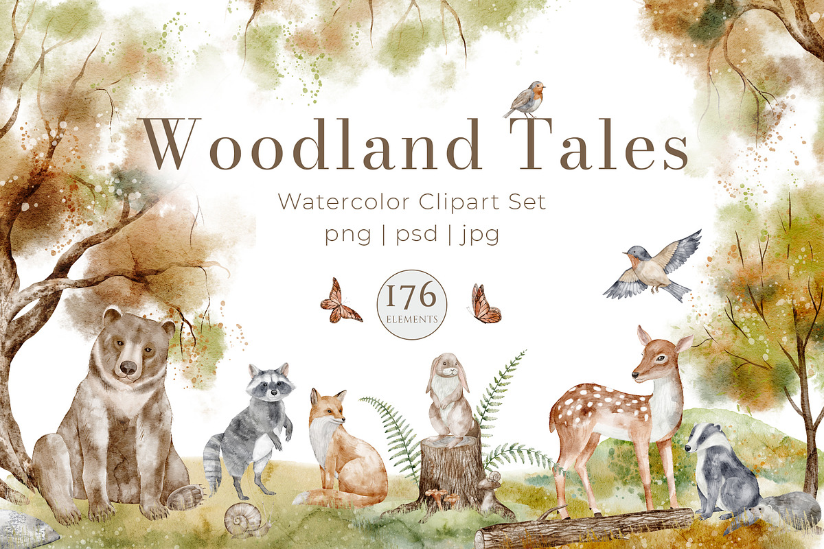 Woodland Animals Watercolor Clipart, an Illustration by Alisles (Photo 1 of 18)
