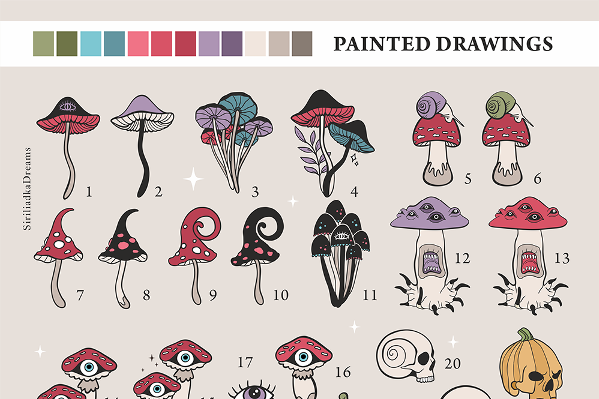 Retro mushrooms and skulls clipart, an Illustration by Siriliadka Dreams (Photo 4 of 9)