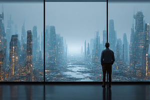 Man Contemplating Futuristic Citysca, an Abstract Photo by Pixeness Studio