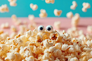 Cute kernel with googly eyes peeking out from a pile of popcorn on a colorful s, a Food & Drink Photo by AlyaAnd