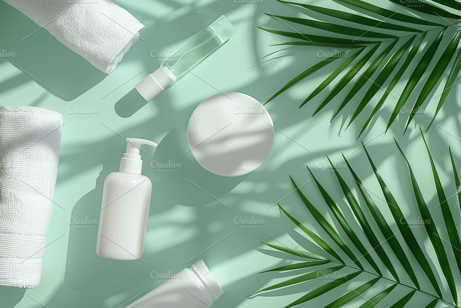 Blank cosmetic containers with towels and green palm leafs on mint background, a Photo by AlyaAnd