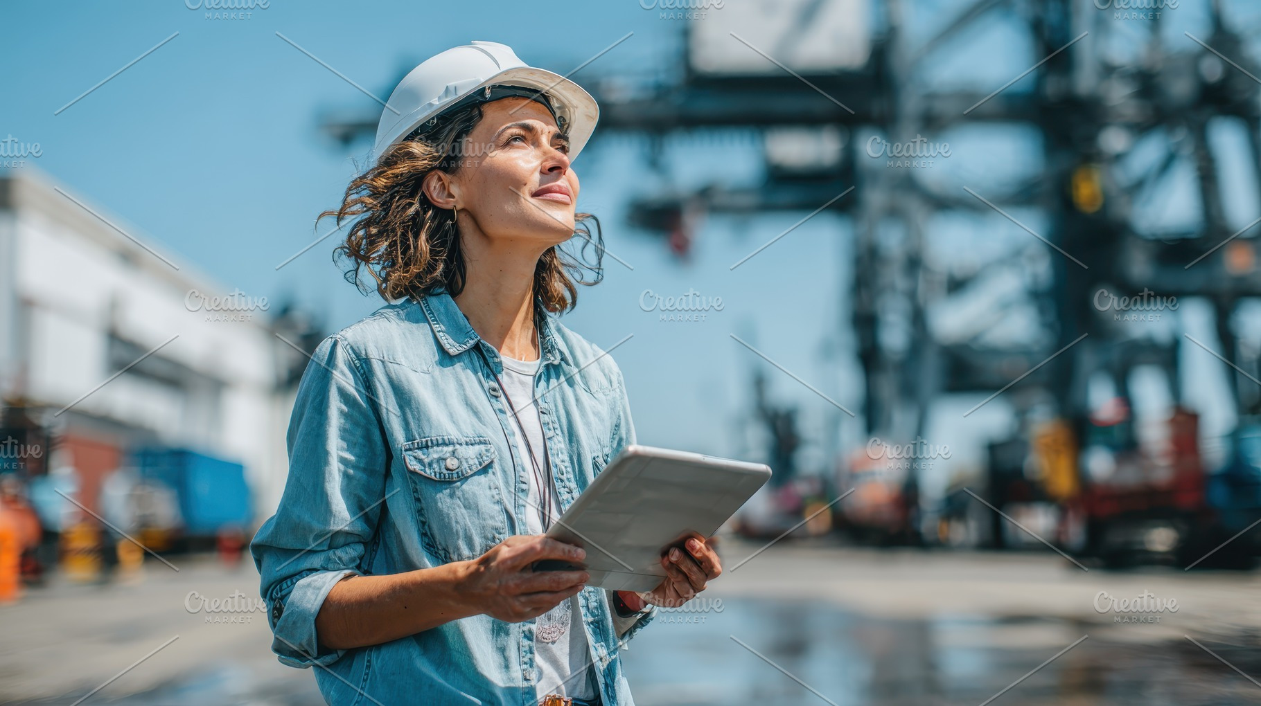 Female engineer at the port using ta, a Photo by Pixeness Studio