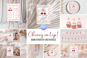 Cherry on Top 1st Birthday Bundle, a Templates & Theme by VeliusCreativeStudio