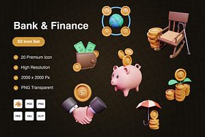 Bank & Finance 3D Icons Set, an Object 3D Model by Kmg Design