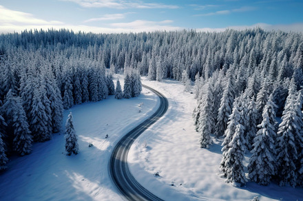 Generative AI illustration of a road with many curves through a, a Nature Photo by huertas19