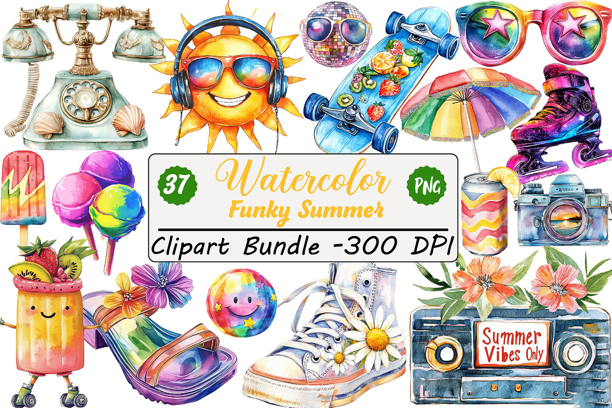 Watercolor Funky Summer Clipart, an Illustration by DreamCafeArt (Photo 1 of 4)