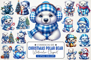 Christmas Polar Bear Blue Gingham, an Illustration by RobertsArt