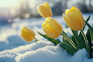 Bright yellow tulips blooming on sno, a Photo by Iftikhar Alam