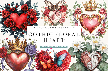 Gothic Floral Heart Clipart Bundle