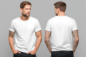 A man with tattoos wearing a plain white t-shirt mockup, shown from the front a, a Shirt Mockup by Textures & Backgrounds