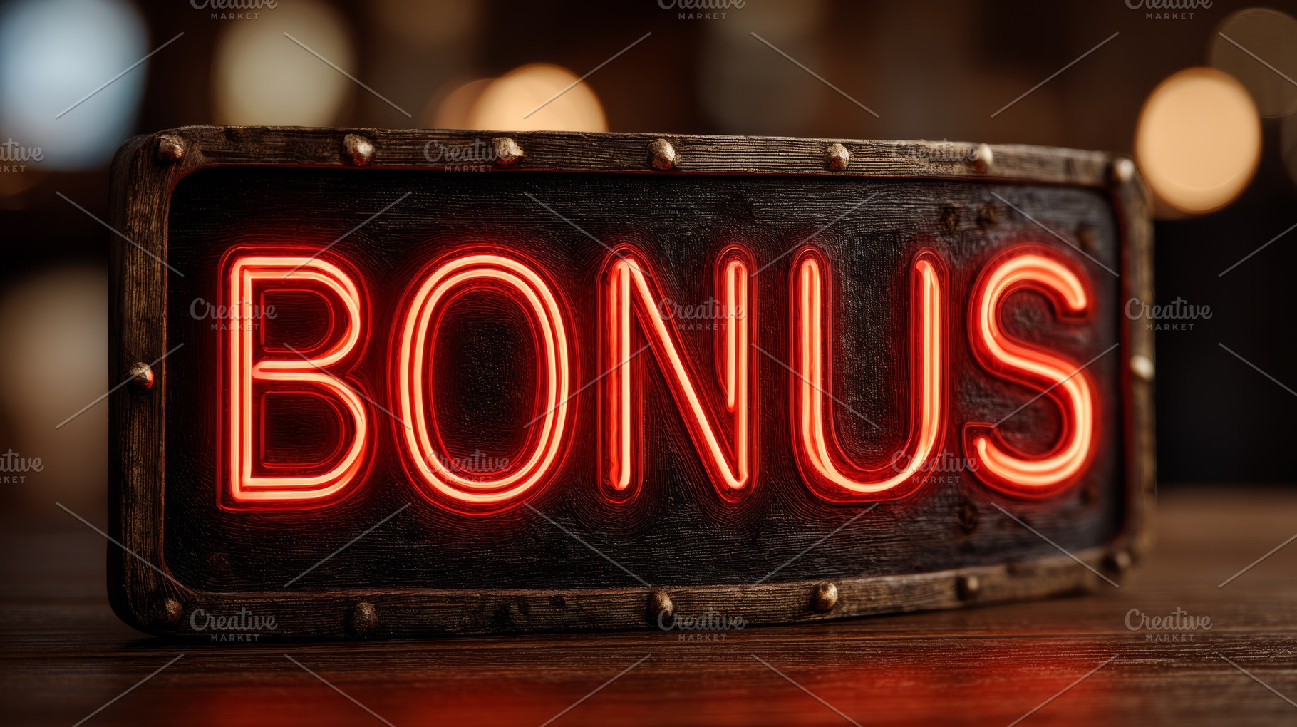 Red neon BONUS sign on a rustic wooden plaque glowing in a casino setting for r, a Photo by AS photostudio
