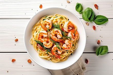 Italian pasta with creamy sauce and shrimp on plate. Generative aI, a Food & Drink Photo by AlyaAnd