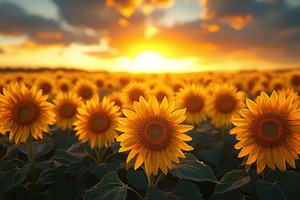 Sunflower field glowing at sunset with golden light and dramatic, a Nature Photo by José Manuel Gelpi