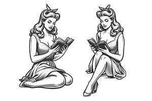 Pin-Up Girl Reading Book engraving, a Person Illustration by AlexArt