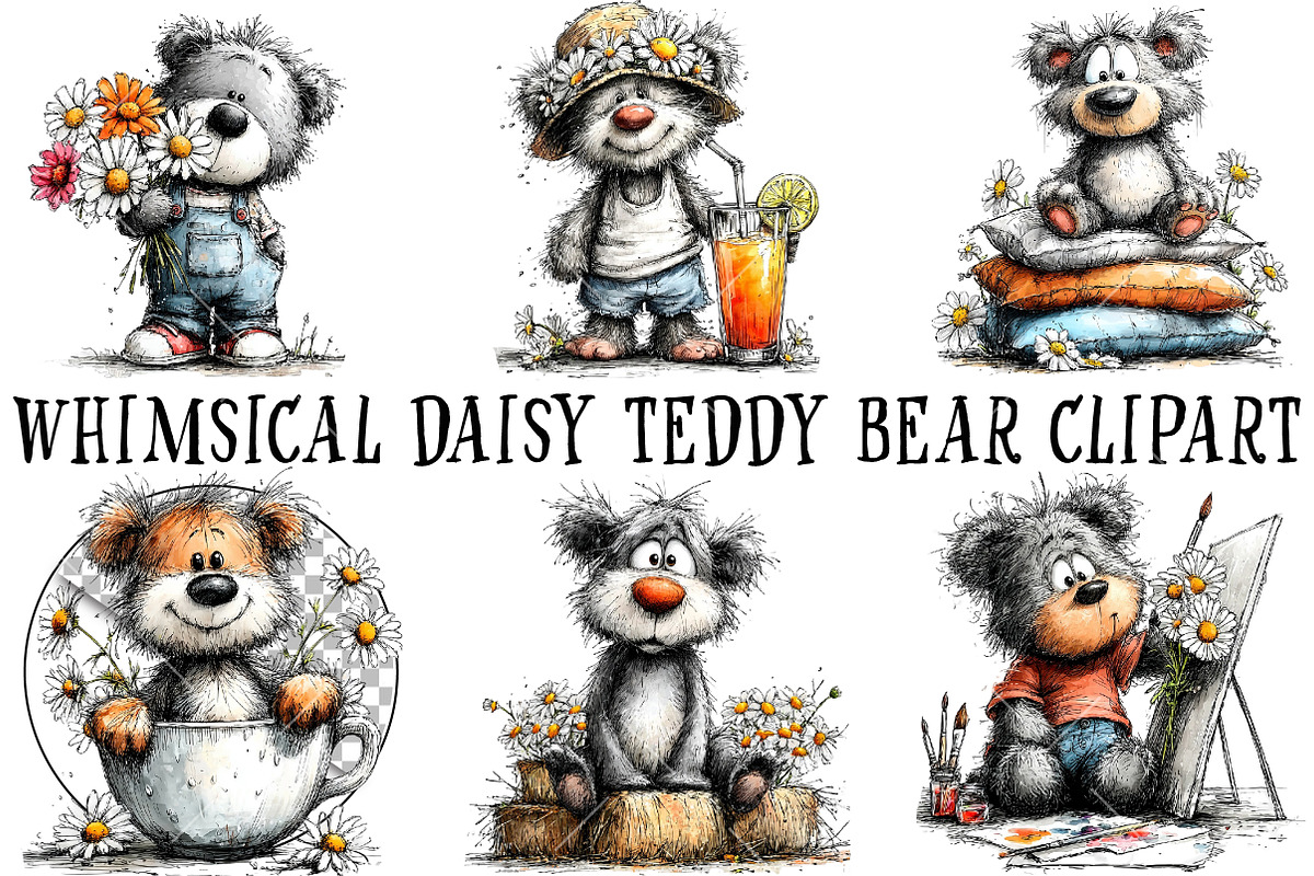 Whimsical Daisy Teddy Bear Clipart, a Seasonal Illustration by OK Design (Photo 2 of 6)