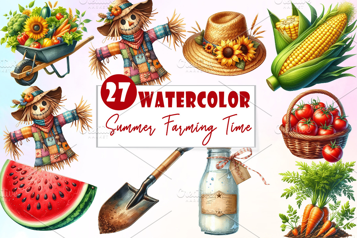 Summer Farming Time Clipart PNG, an Illustration by Watercolor design (Photo 1 of 5)