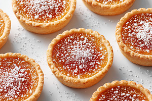 Delicious mini tarts topped with powdered sugar arranged on a white surface, a Photo by AlyaAnd