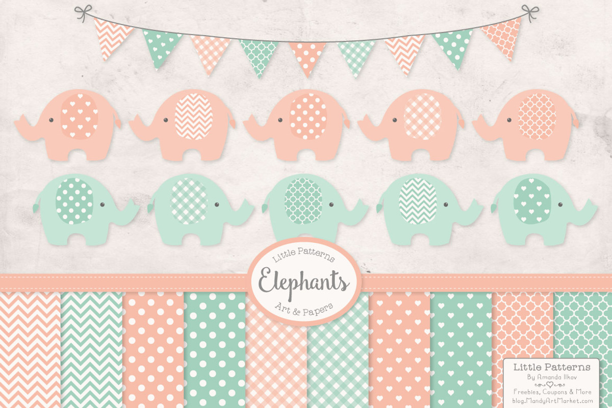 Mint & Peach Elephant Clipart, an Illustration by Amanda Ilkov (Photo 1 of 3)