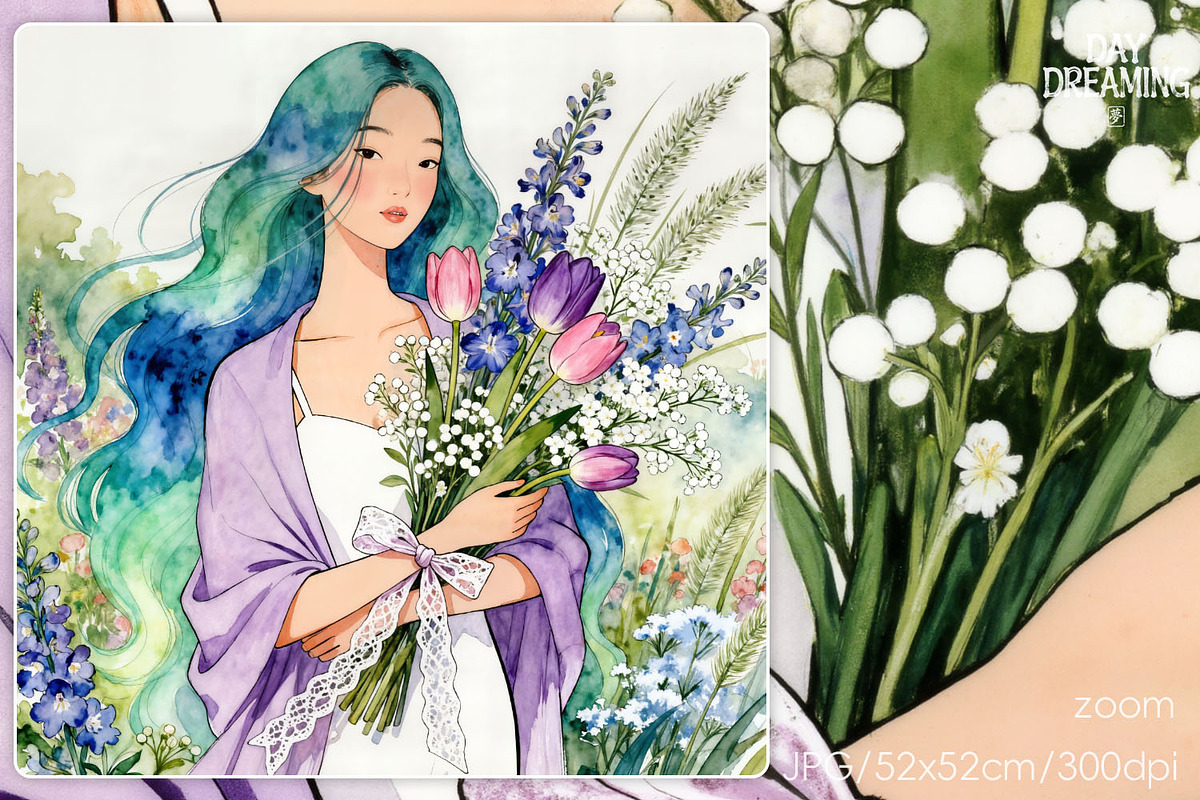 Elegant Girl with Blooming Flowers, a Decorative Illustration by yahu88studio (Photo 2 of 3)