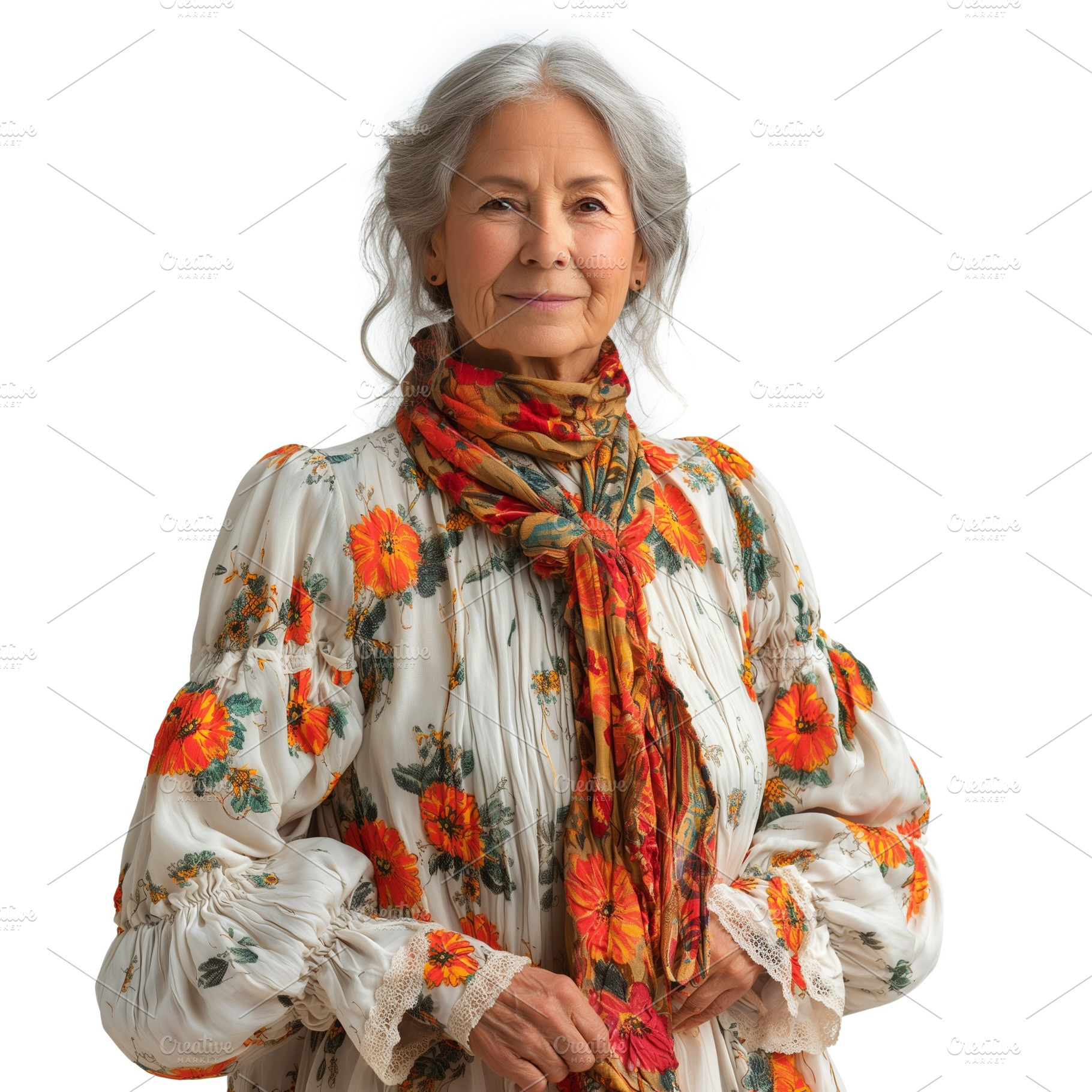 An elegant older woman of Asian descent wearing a floral dress and scarf, exudi, a Person Photo by ImageMir