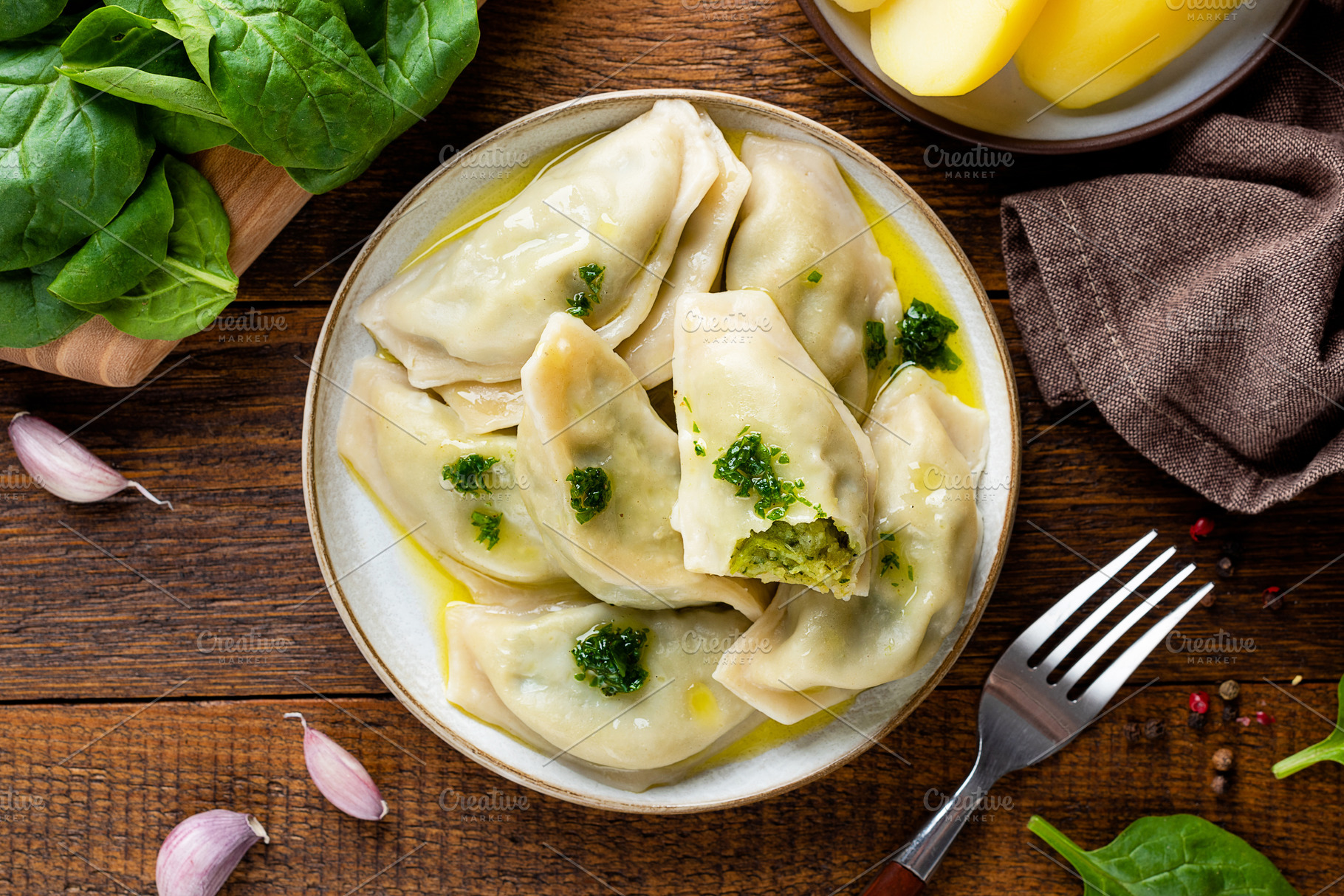 Spinach potato stuffed dumplings, a Food & Drink Photo by The baking man