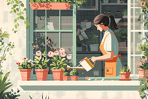 Young woman tending pink flowers in a sunlit garden window setting, a Photo by AS photostudio