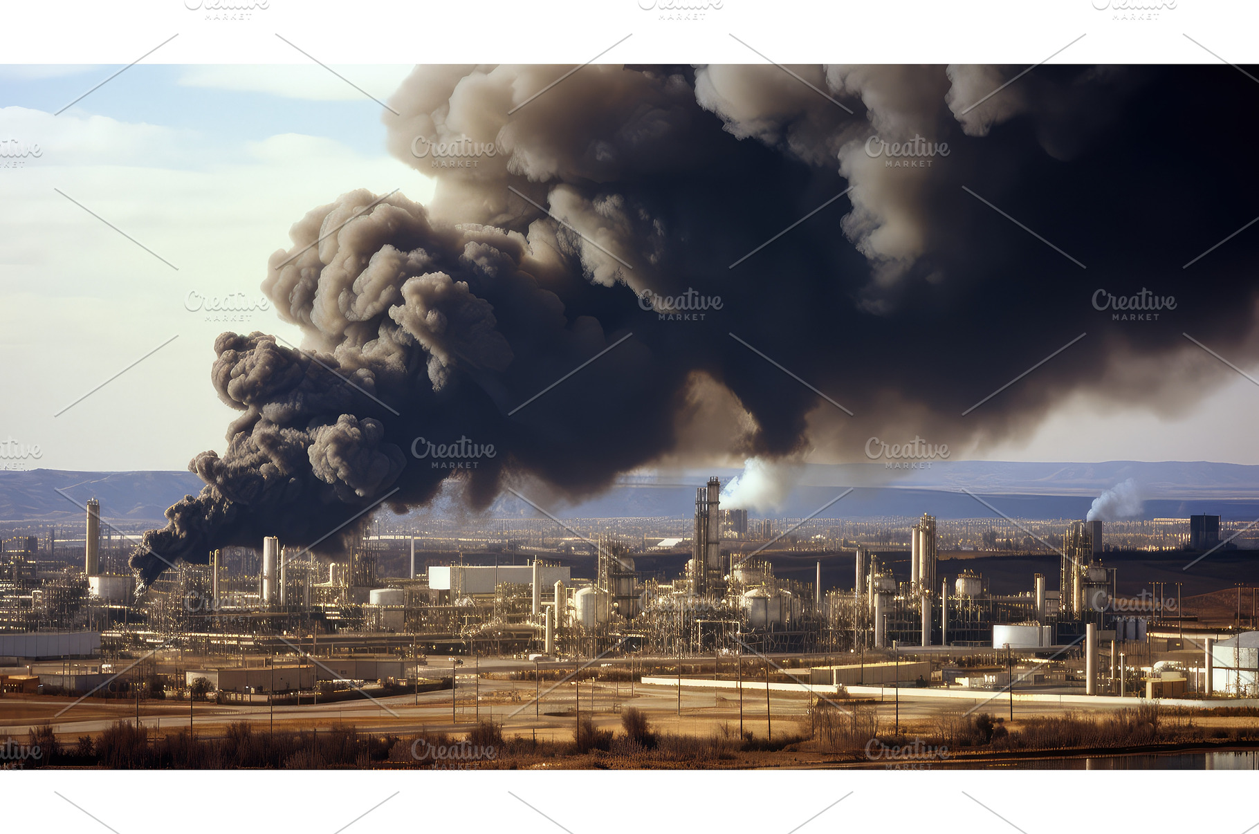 smoke oil refinery explosion ai, a Background Photo by pikepicture