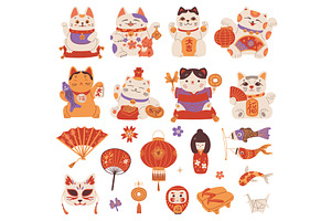 Japanese Maneki Neko figurines, an Animal Illustration by Sabelskaya