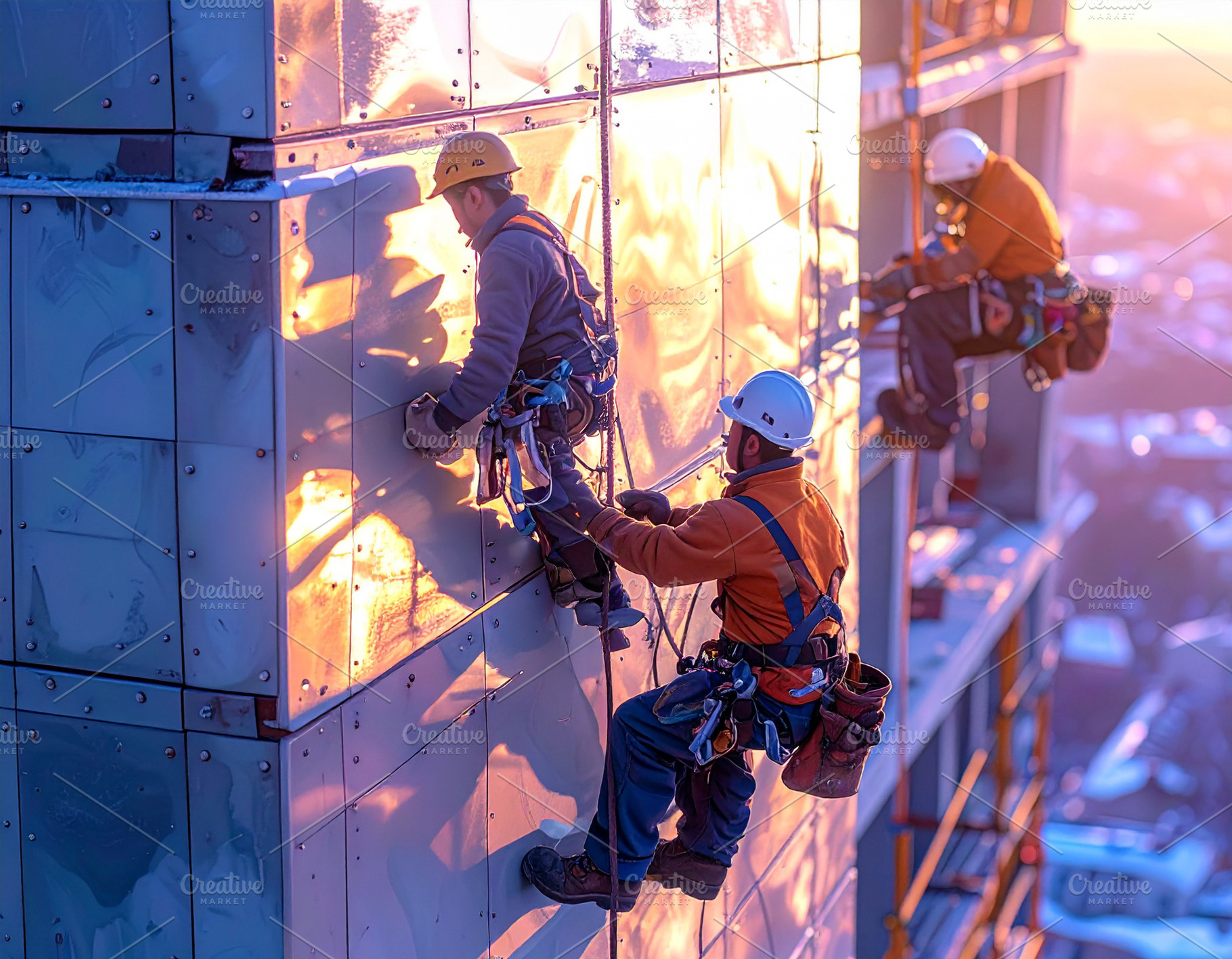 Construction workers working on a high building facade, an Industrial Photo by DanFLCreativo
