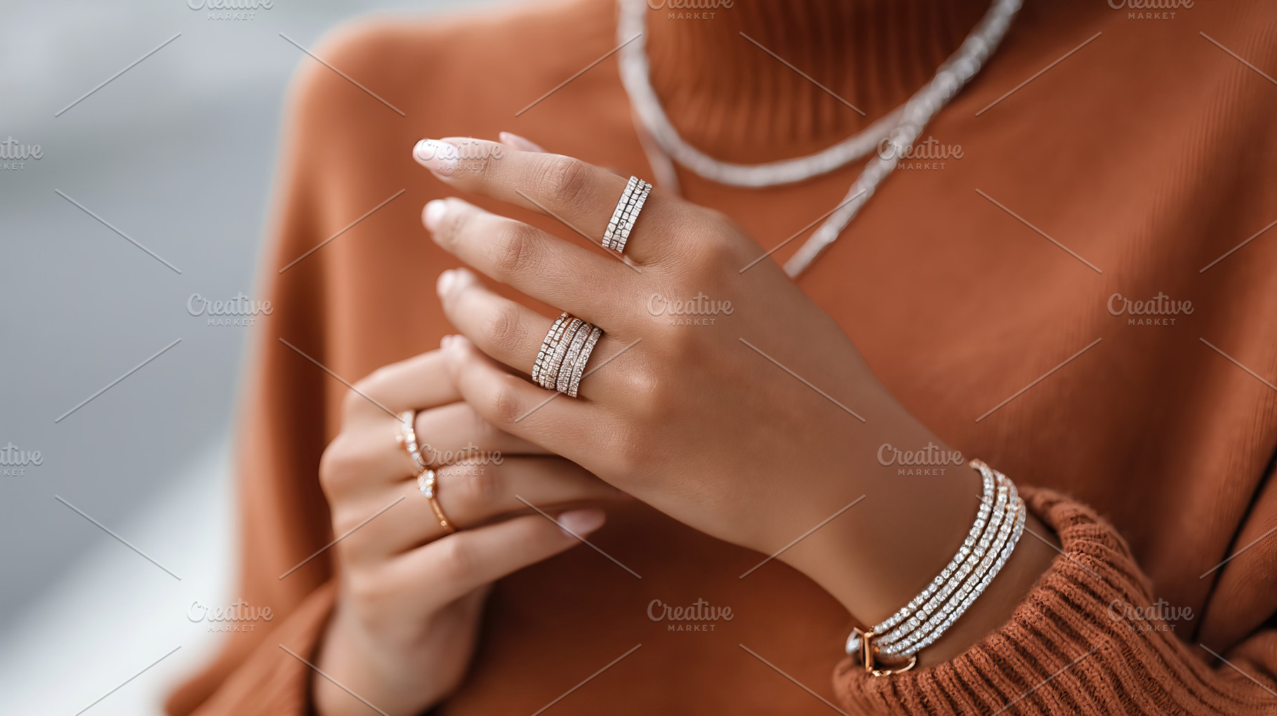 Anonymous influencer woman showcases stylish jewelry in cozy outfit during fall, a Person Photo by OSORIOartist