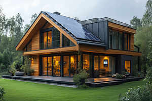 A modern house with a sloped roof, featuring solar panels and large glass windo, an Industrial Photo by Textures & Backgrounds