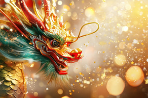 A vibrant Chinese dragon in gold, red, and green scales, surrounded by shimmeri, a Holiday Photo by Mashimara