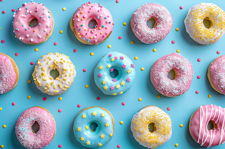 Pattern of sweet and colorful donuts, a Food & Drink Photo by AlyaAnd